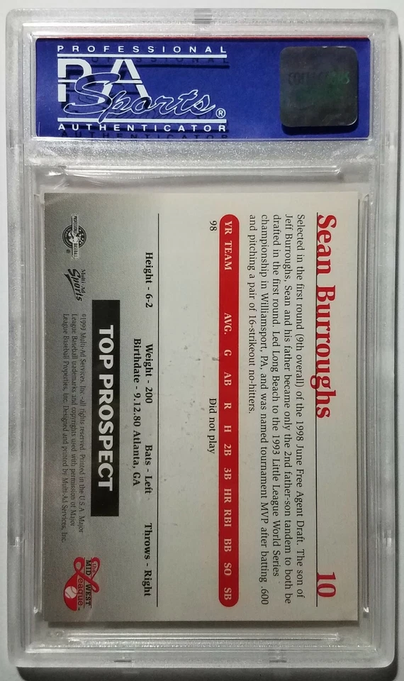 Sean Burroughs 1999 Multi-Ad Midwest League #10 PSA MINT 9 Wizards Padres - Image 2 of 2