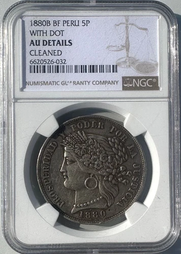 1880B Peru 5 Pesos Silver Coin With Dot – NGC AU Details (Cleaned) – Rare