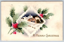 A Merry Christmas Postcard Holly 1912 Sprig Snow Covered House Yard Inset
