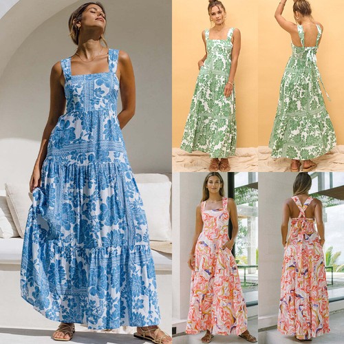 Womens Boho Floral Long Dress Strappy Pocket Holiday Beach Maxi Swing Dresses US