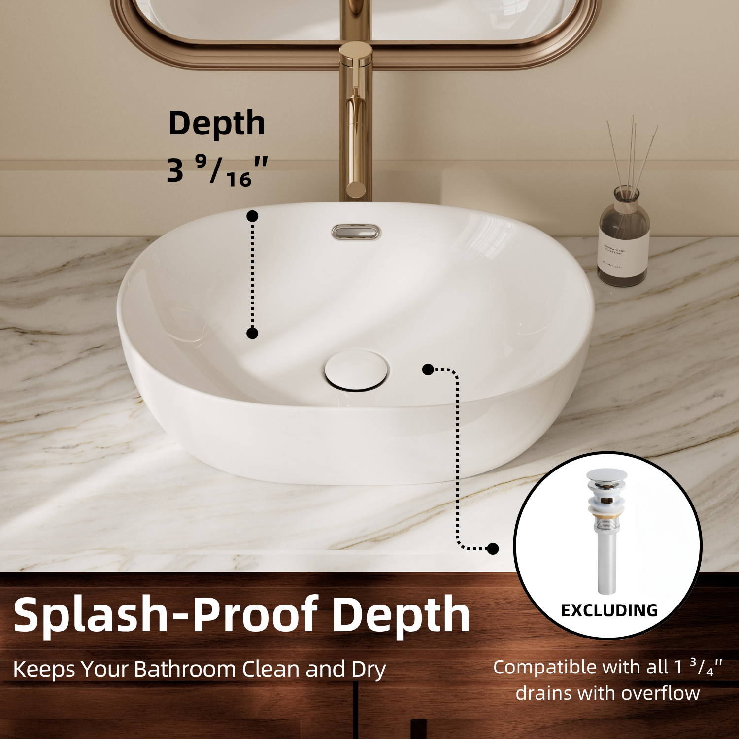 Los Flexi 19" x 14" Oval Vessel Sink with Overflow, White Ceramic Bathroom Sink