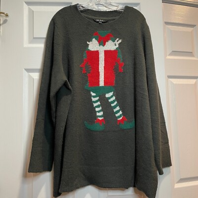 Ulla Popken Sz 24/26 Pullover Sweater Olive Green Intarsia Elf Christmas Holiday
