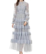 Women's 2024 summer new high waist mesh embroidery round neck grace long dress 