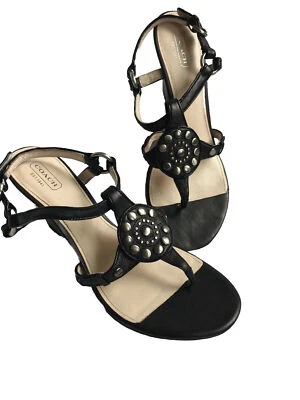 Coach Harper Sandals Black Leather Strappy Wedge Heels Studded 9.5 B - Image 1 of 4