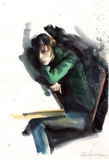 Expressive Watercolor Painting Male Sitting Portrait Modern Home Decor