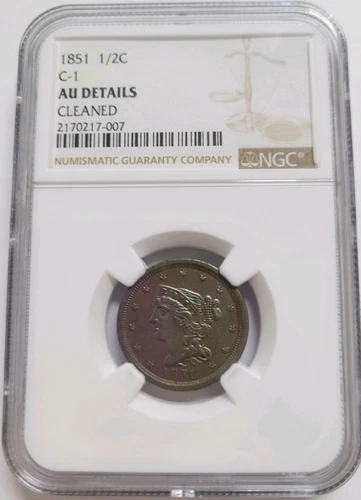 1851 1/2C Braided Hair Half Cent C-1 - NGC AU Details - Cleaned