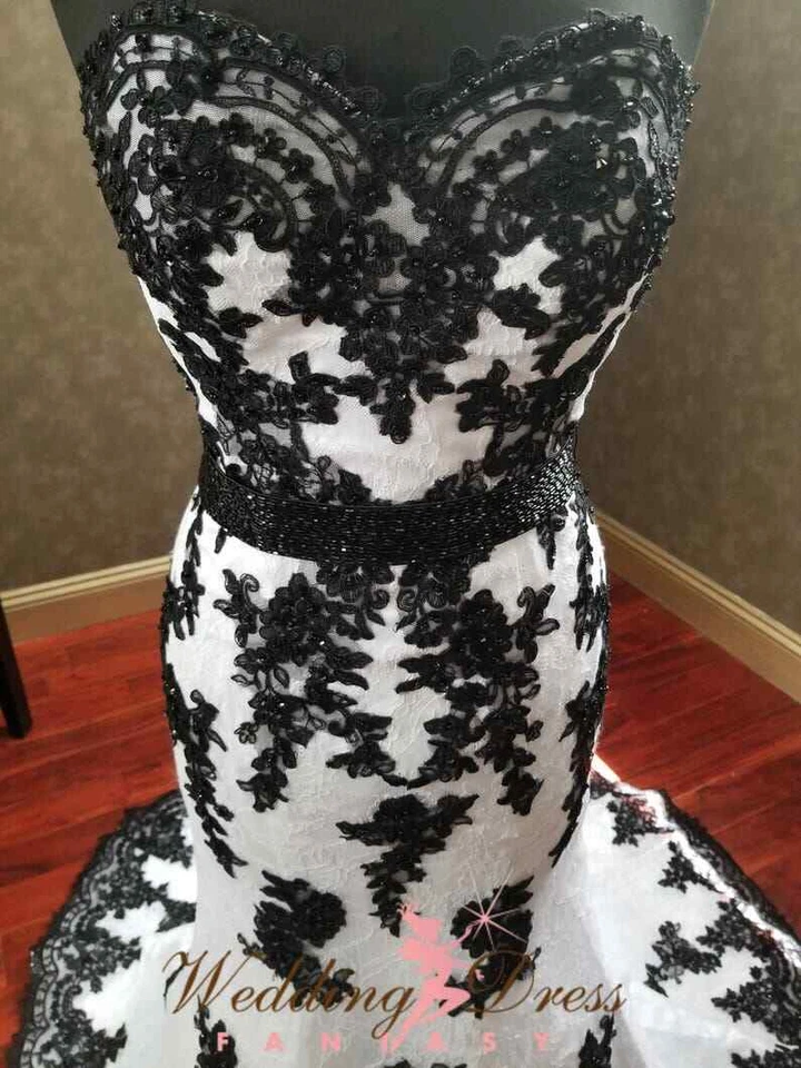 Mermaid Gothic Wedding Dresses Black White Strapless Sweep Train Bridal Gowns - Image 3 of 4