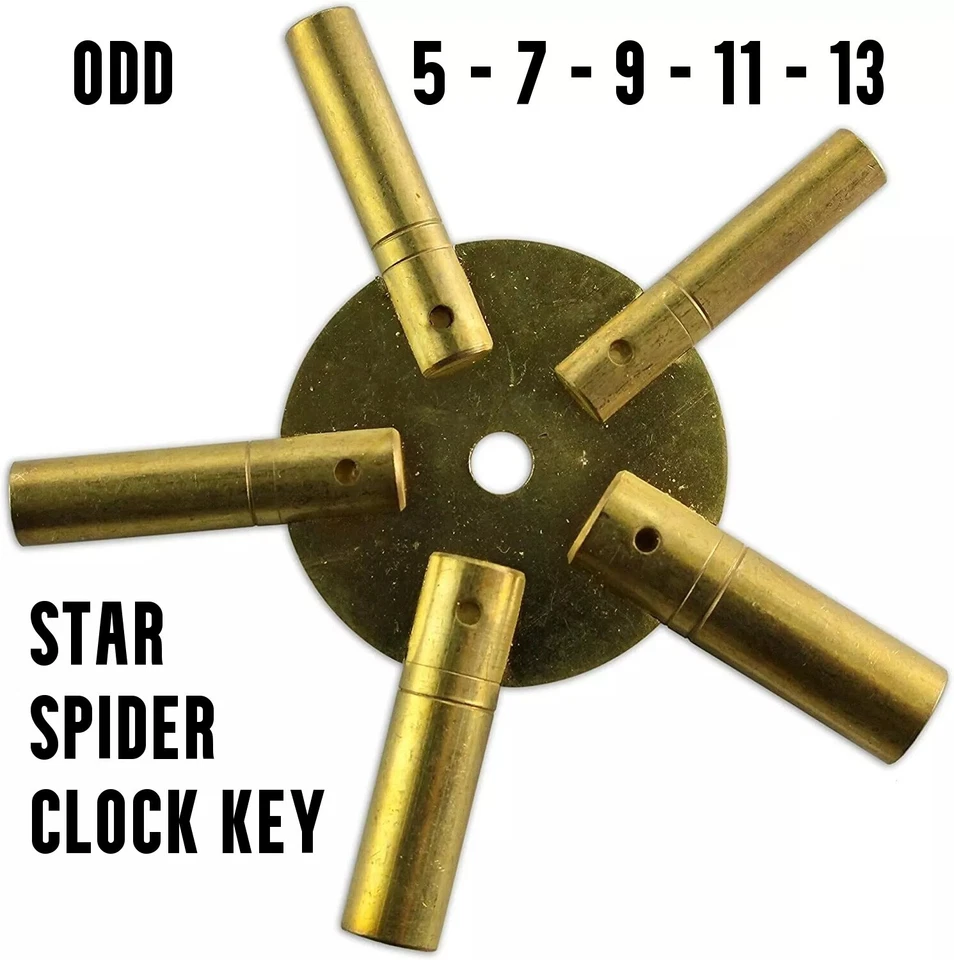 RADIATOR PARTS Clock Winding Key Brass Odd 5 Sizes 5,7,9,11,13 Brass Spider Star Antique Clock
