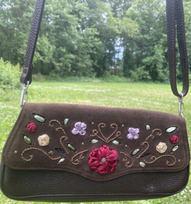 BRIGHTON flowered 3D embroidered suede & leather sm MGPP Organizer  shoulder bag