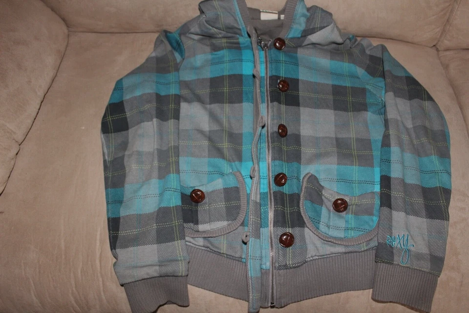 Roxy Juniors Gray & Turquoise Plaid Hooded Fall &Winter Jacket Large - Image 2 of 4