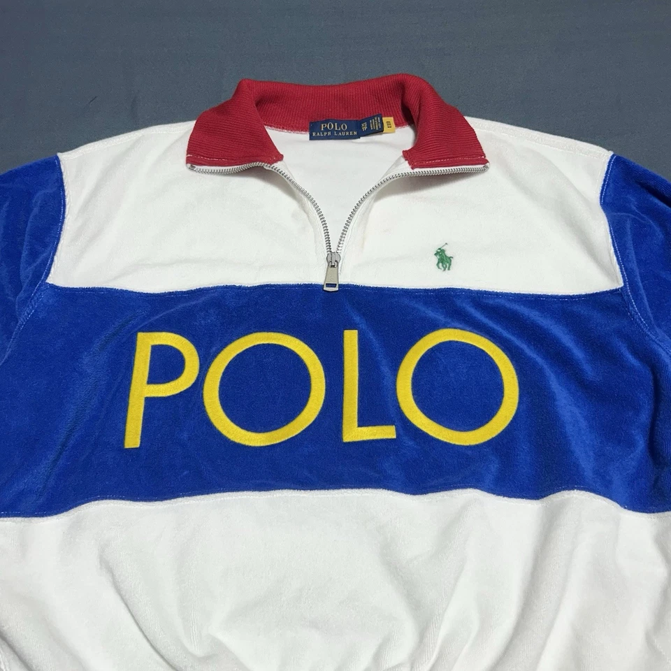 Polo Ralph Lauren Spellout Sudadera 1/4 Cremallera Mujer XS Blanco Rugby Color Block Foto 3 de 4
