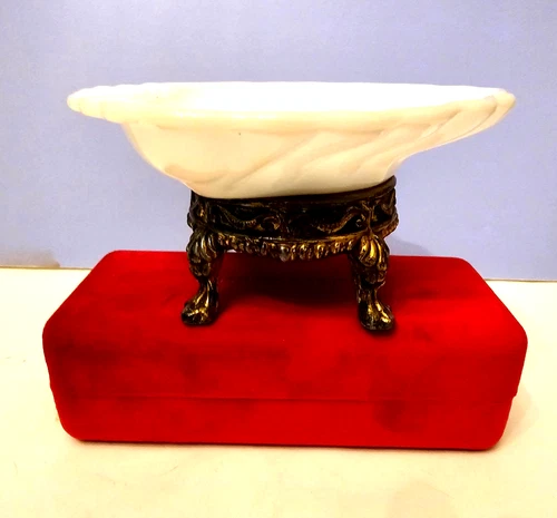 Vintage French milk glassshell clam dish soap jewerly pedestal footed brass vtg