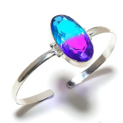 Bi-Color Tourmaline Gemstone 925 Sterling Silver Cuff Bangle Adjustable e725