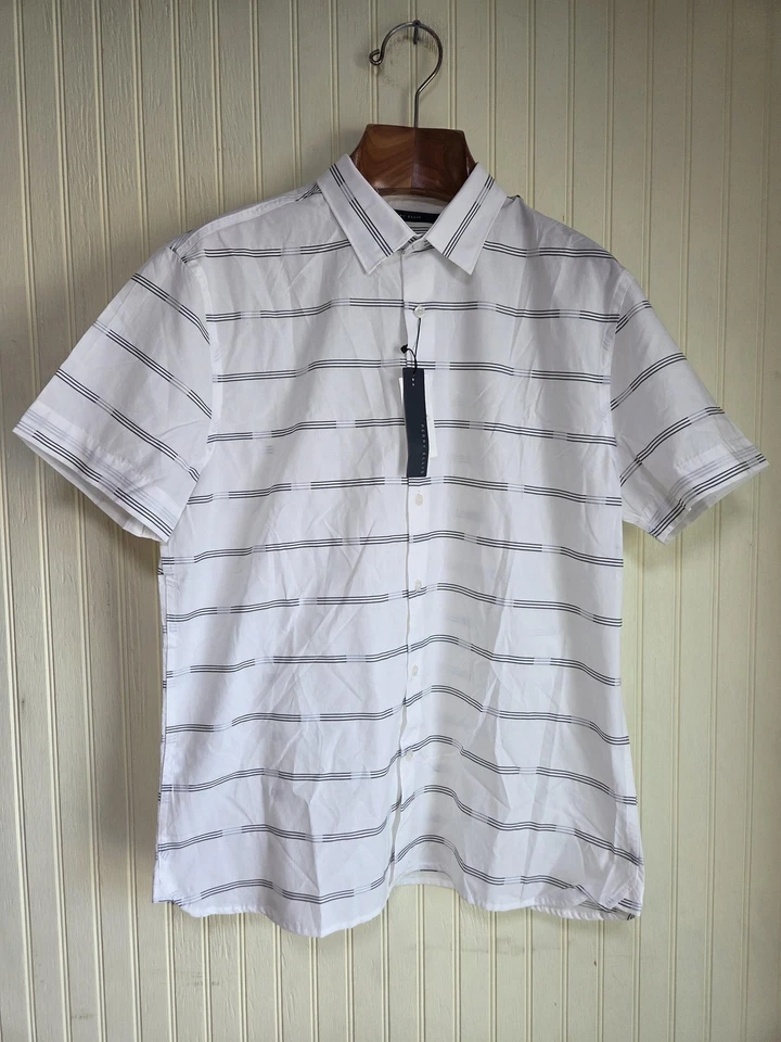 Perry Ellis Shirt Mens Large White Black Stripe Short Sleeve Cotton Top Casual - Image 2 of 4