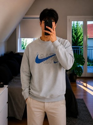 787 Nike Herren Grey AIR Logo Pullover Sport Basketball Sweatshirt Größe L