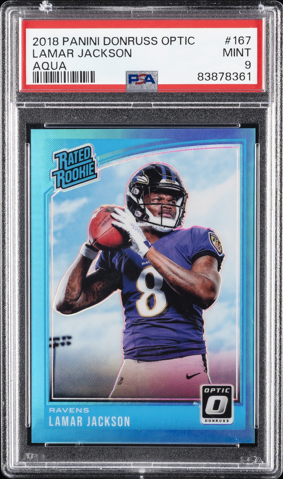 2018 PANINI DONRUSS OPTIC AQUA #167 LAMAR JACKSON ROOKIE RC 109/299 PSA 9