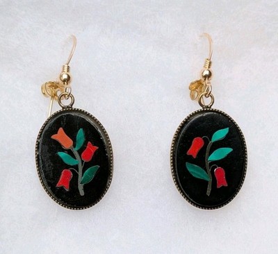 Pietra Dura Pierced Earrings - Made w/ Antique Italian Plaques, 14k GF Hooks C15