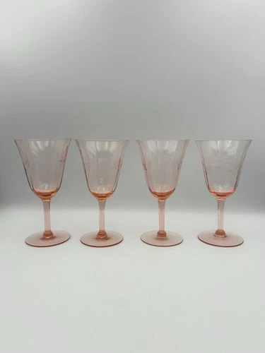 Vintage Pink Floral Etched Wine Glasses Set Of 4 Depression MCM 6oz