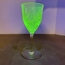 Uranium Glass Wine Goblet Green Cut Crystal Style UV Reactive Glow Stemware