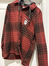 Friday The 13th Jason Voorhees Mask Hooded Flannel Plaid Button Up Shirt XL
