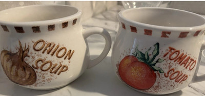Ceramic Soup Mugs Set of 2 Onion & Tomato Soup Novelty White Multicolor