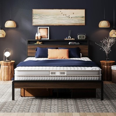 Queen Bed Frame with Headboard, Dark Wood Camas Queen with Strong Supports, S...