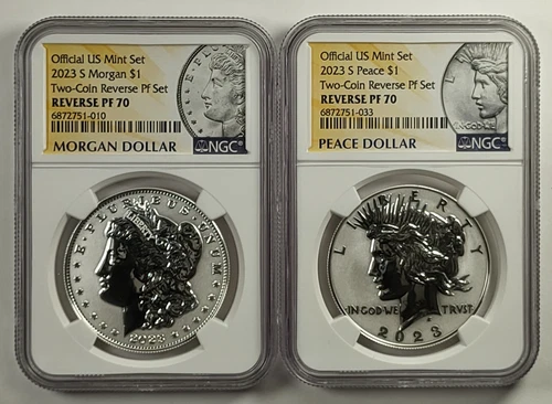 2023-S Reverse Proof Official US Mint Set Morgan & Peace Silver Dollars NGC PF70