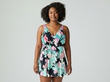 Vtg Maxine of Hollywood Womens Sz 18 One Piece Swimsuit Swim Dress Floral Print