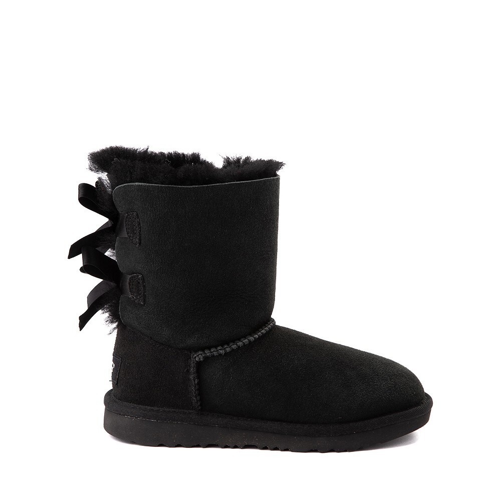 NEW UGG Kid Bailey Bow Black Satin Two Bow Sheepskin Fur Lined Short Mid  Calf