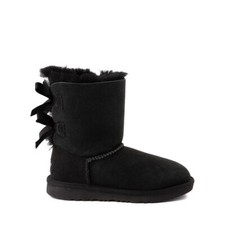 NEW UGG Kid Bailey Bow Black Satin Two Bow Sheepskin Fur Lined Short Mid Calf