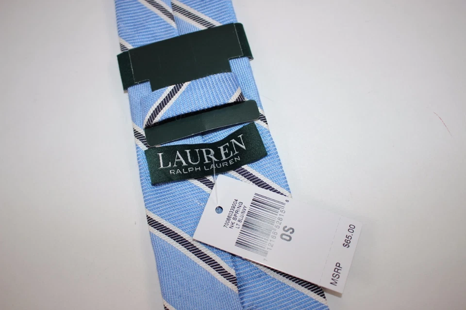 NUEVA CORBATA RALPH LAUREN para hombre a rayas azul claro negra seda/lino clásica $65 Foto 2 de 4