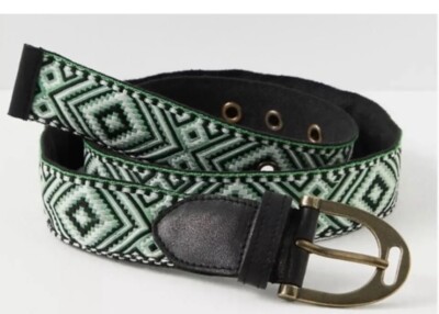 Free People Women\'s Sz M/L Moving to Mars Cotton Leather Belt Green & Black WOMEN main image 3
