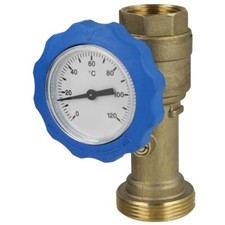 Oeg Kugelhahn mit Thermometer blau und Rückflussverhinderer 1" IG x 1 1/2" AG