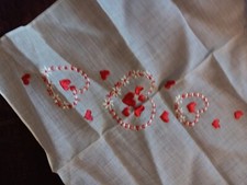 Vintage Very Old Delicate Embroidery Red Color   Hearts And Flowers Hankerchief
