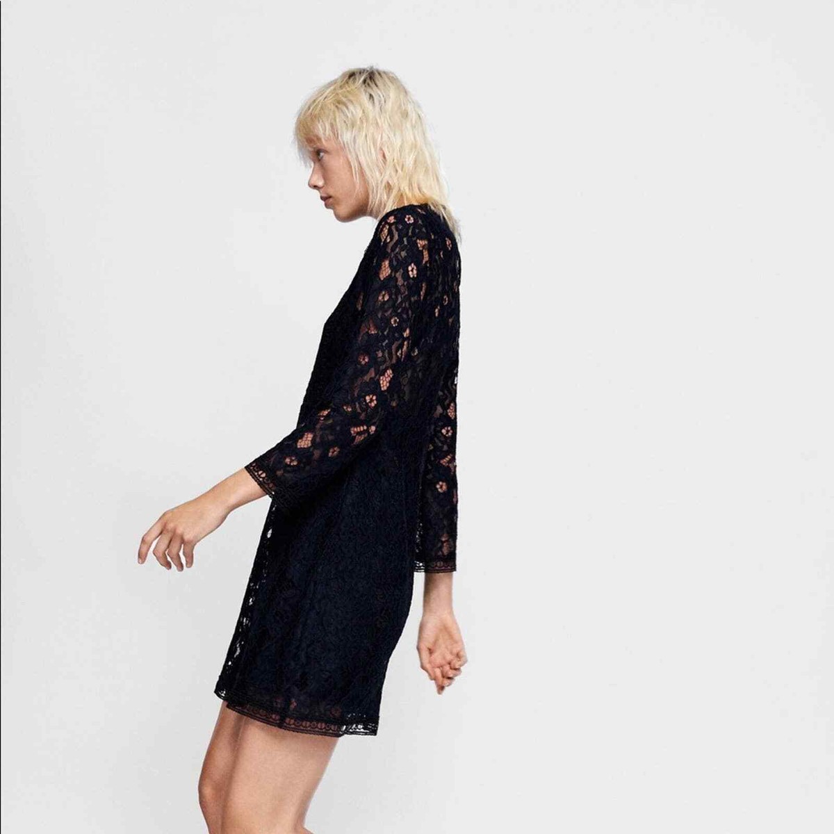 navy blue lace dress zara MINI DRESS WITH LACE DETAIL - Navy blue