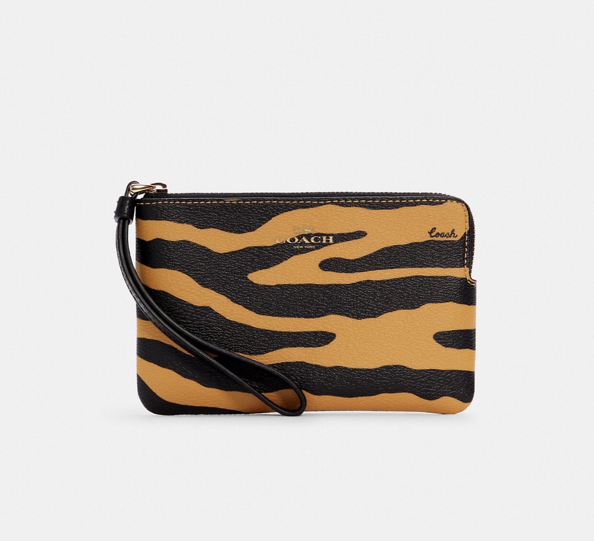 NWT COACH C7440 Tiger Print Corner Zip Wristlet Honey Black Multi