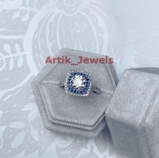 Moissanit & Blau Cz Mit 14K Weiß Vergoldet Silber Halo Damen Ring #316