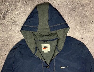 90s Nike USA ジャケット ネイビー Vintage Nike 90s Big Swoosh Navy Nylon Hooded Heavy Zip Jacket