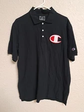 Champion Chenille Big C Embroidered Spellout Mens Black Polo Size L