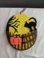 Vintage Plastic Canvas Yarn Cross Stitch Halloween Cat Pumpkin Spooky