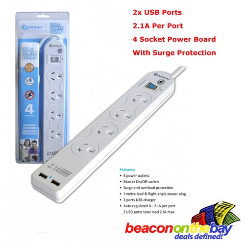 4Way Power Board Extension Cord 2x 2.1A USB Charger Outlet Surge