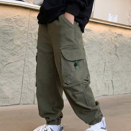 Kids Boy Pure Cargo Pants Cotton Casual Pants Drawstring Loose Jogging Work Pant - Picture 47 of 56