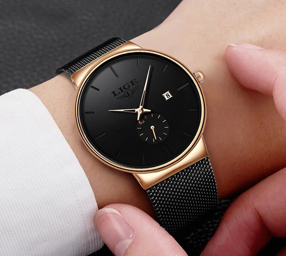 LIGE Fashion Mens Watch Top Brand Luxury Quartz Casual Slim Mesh