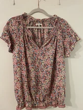 Max Studio Boho Bubble Hem V Neck Floral  Blouse Sz L