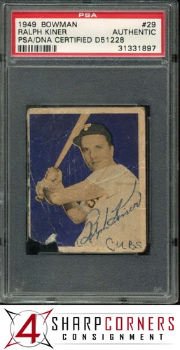 1949 BOWMAN #29 RALPH KINER HOF POP 10 PSA AUTHENTIC DNA AUTO