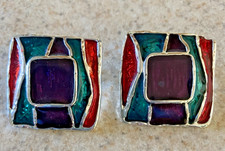 VINTAGE SQUARE PURPLE, RED, & GREEN IN SILVER TONE SETTING PIERCED EARRINGS