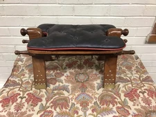 VTG MOROCCAN CAMEL SADDLE STOOL BENCH BRASS ACCENTS W/BLACK & RED CUSHION SIDES