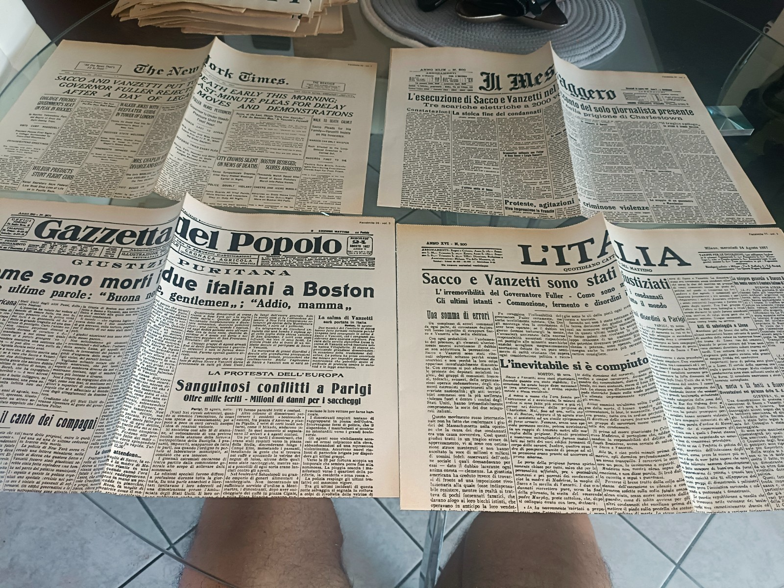 4 RIPRODUZIONI COPIE PRIME PAGINE GIORNALI MORTE SACCO E VANZETTI AGOSTO 1927