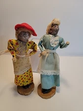 Americana Dolls Two Primitive Folk Art Handmade Walnut Pecan Nut Heads Vintage 