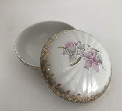 Vintage Karlovarsky Porcelain Lidded Trinket Vanity Dish Orchid Motif 1992 Czech